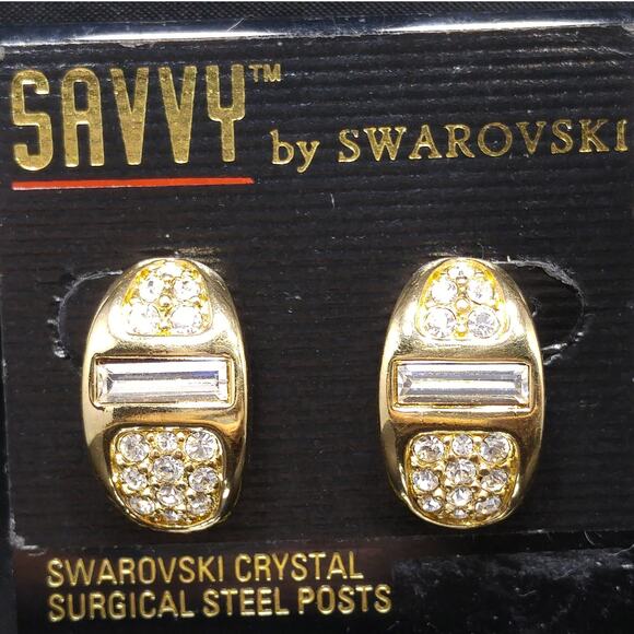 Vintage Savvy by Swarovski Gold Tone Earrings Clear Crystal 1980s on Card - Picture 6 of 10